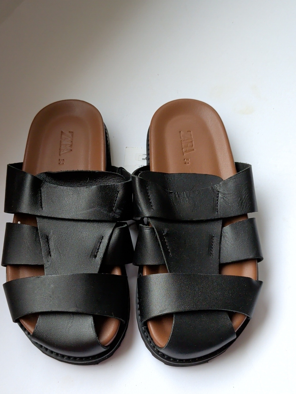 Zara Black Leather Slide Sandals with Brown Footbed